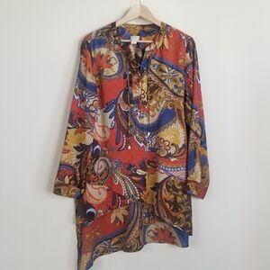 Chicos Silky Long Sleeve Printed Tunic Lace Up Asymmetrical Top Size Large